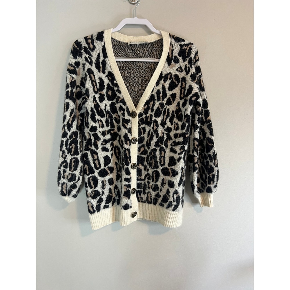 Trina Turk Leopard Print Wool Alpaca‎ Cardigan Sweater Neutral  S